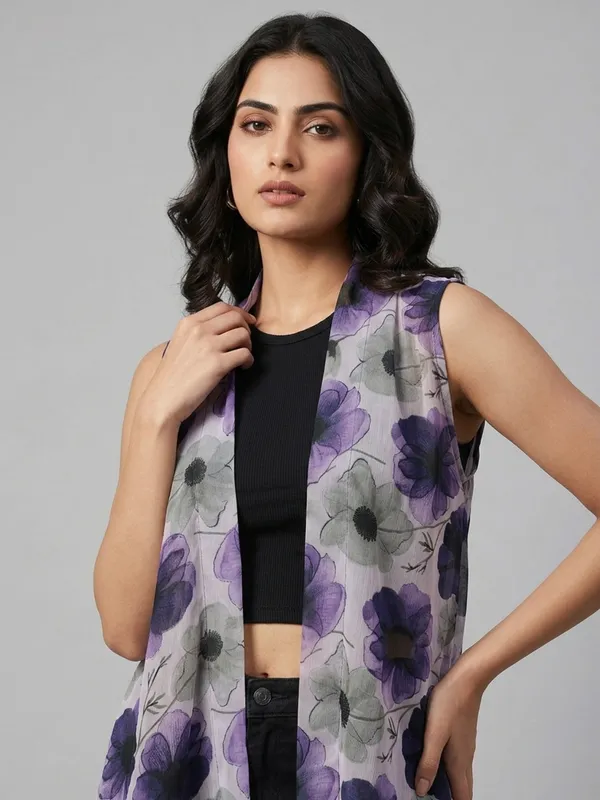 Floral_Printed_Lilac_Chiffon_Sleeveless_Open_Front_Asymmetric_Hem_Shrug_For_Women
