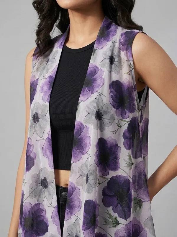 Floral_Printed_Lilac_Chiffon_Sleeveless_Open_Front_Asymmetric_Hem_Shrug_For_Women