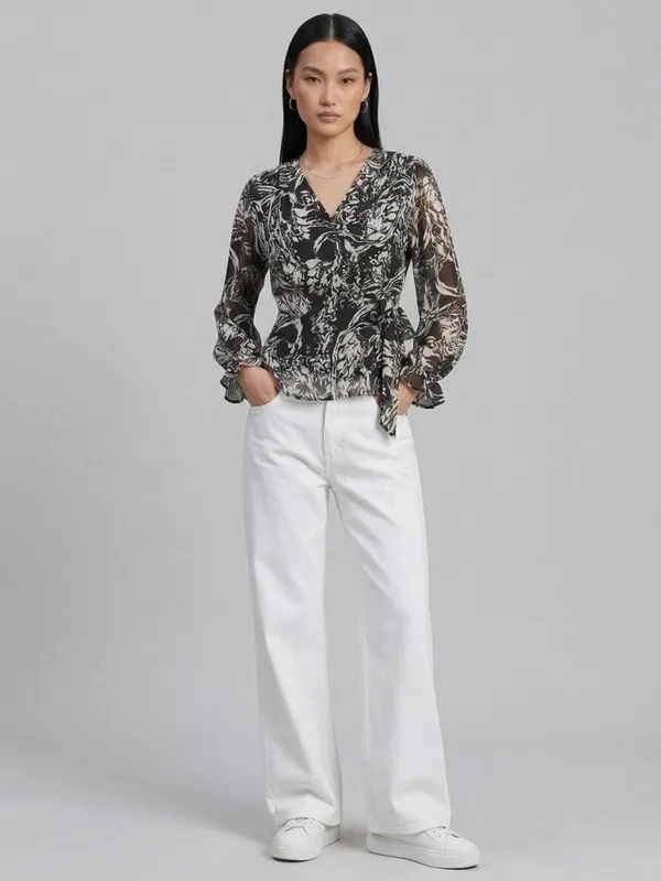 Floral_Printed_Black_Georgette_V_Neck_Waist_Tie-ups_Wrap_Top