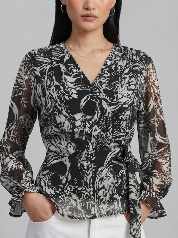 Floral_Printed_Black_Georgette_V_Neck_Waist_Tie-ups_Wrap_Top