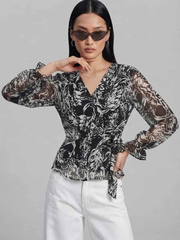 Floral_Printed_Black_Georgette_V_Neck_Waist_Tie-ups_Wrap_Top
