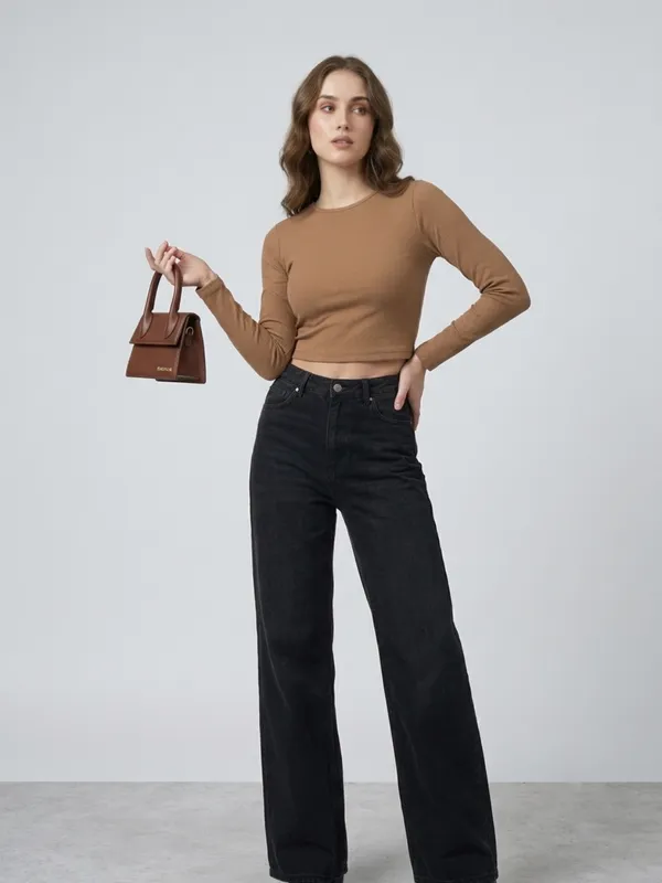 Solid_Chikoo_Ribbed_Round_Neck_Long_Sleeve_Crop_Top