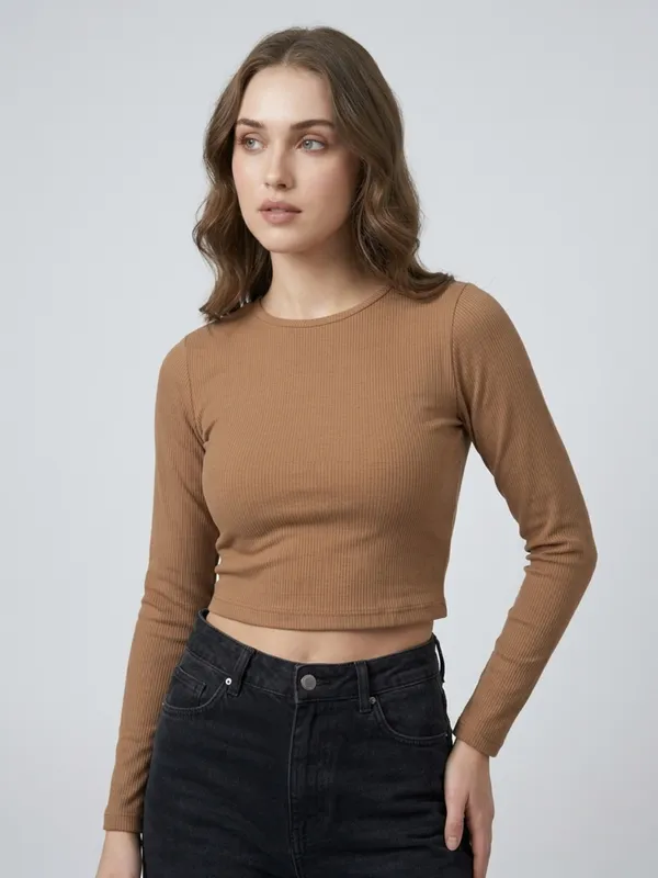 Solid_Chikoo_Ribbed_Round_Neck_Long_Sleeve_Crop_Top