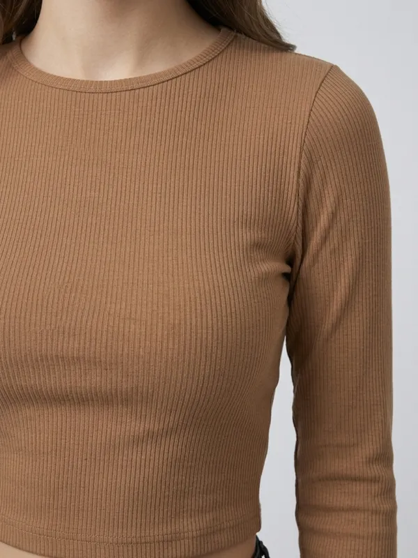 Solid_Chikoo_Ribbed_Round_Neck_Long_Sleeve_Crop_Top
