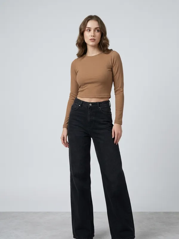 Solid_Chikoo_Ribbed_Round_Neck_Long_Sleeve_Crop_Top