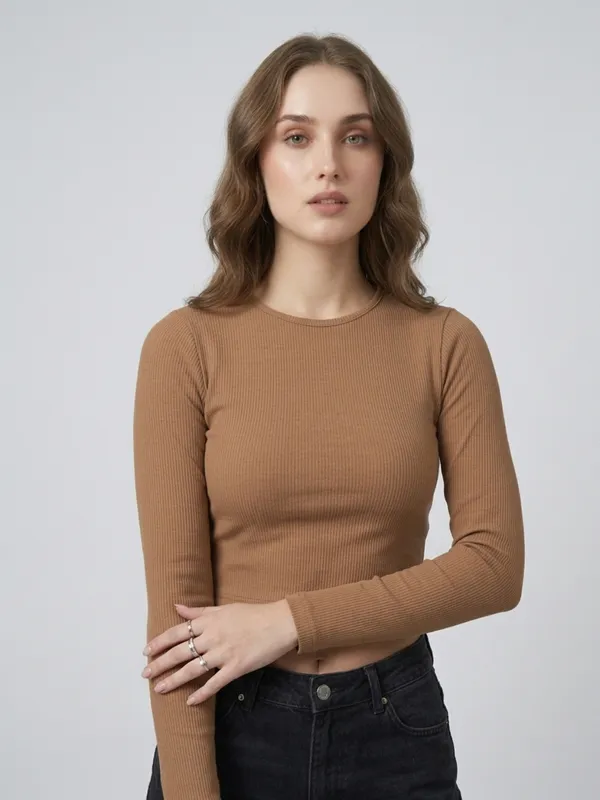 Solid_Chikoo_Ribbed_Round_Neck_Long_Sleeve_Crop_Top