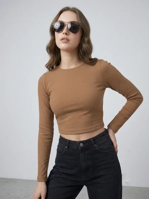 Solid_Chikoo_Ribbed_Round_Neck_Long_Sleeve_Crop_Top
