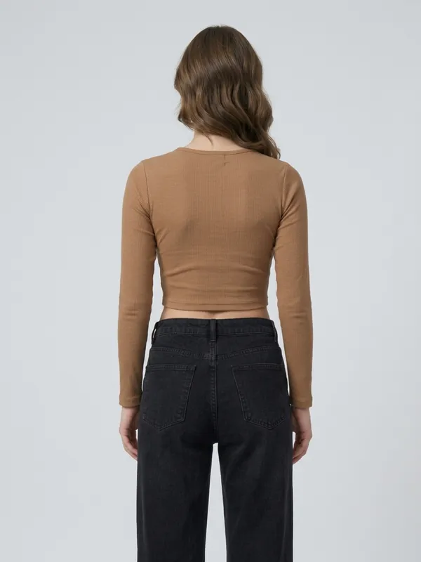 Solid_Chikoo_Ribbed_Round_Neck_Long_Sleeve_Crop_Top