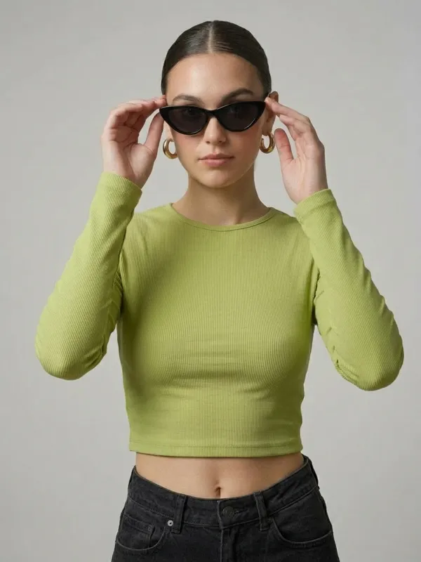 Solid_Pista_Green_Ribbed_Round_Neck_Long_Sleeve_Crop_Top