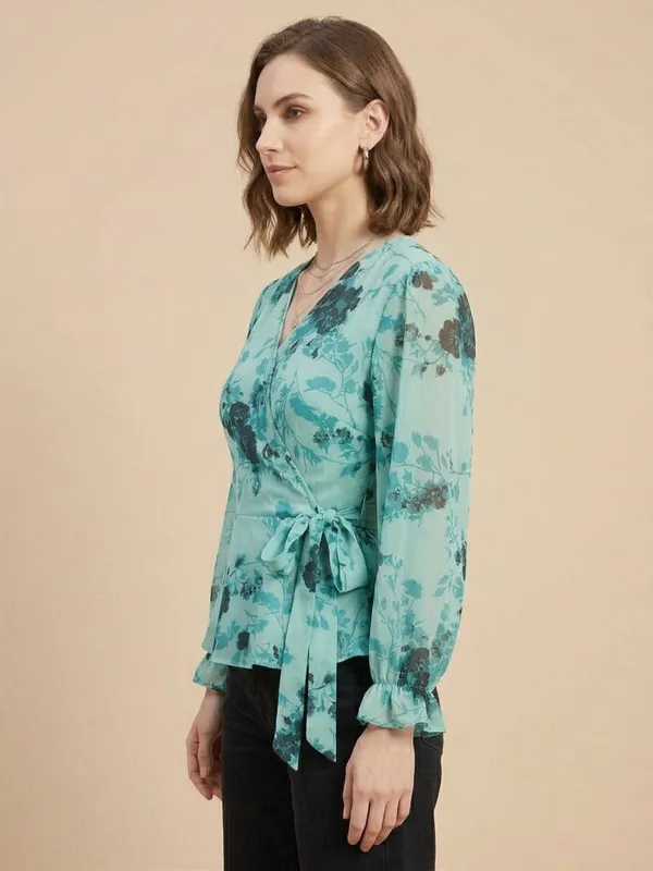 Floral_Printed_Sea_Green_Chiffon_V_Neck_Waist_Tie-ups_Wrap_Top