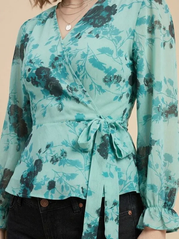 Floral_Printed_Sea_Green_Chiffon_V_Neck_Waist_Tie-ups_Wrap_Top