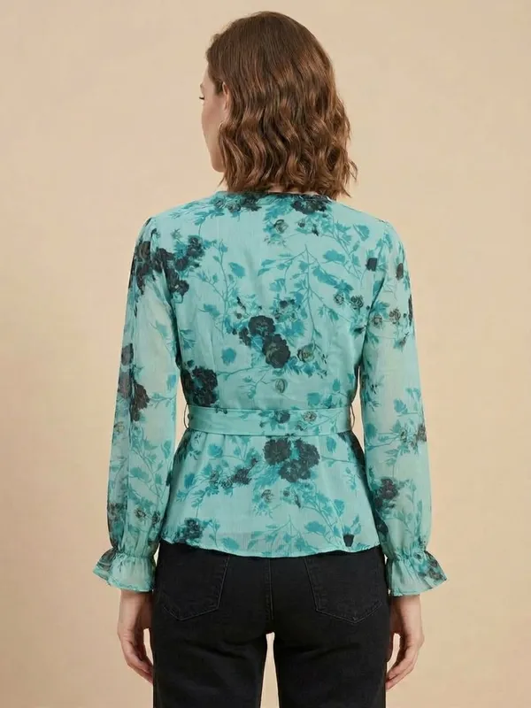 Floral_Printed_Sea_Green_Chiffon_V_Neck_Waist_Tie-ups_Wrap_Top