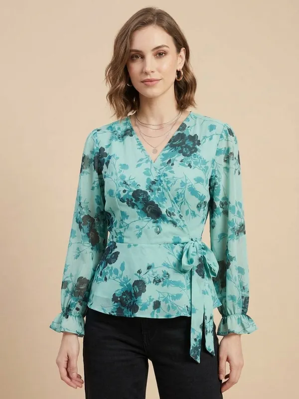 Floral_Printed_Sea_Green_Chiffon_V_Neck_Waist_Tie-ups_Wrap_Top