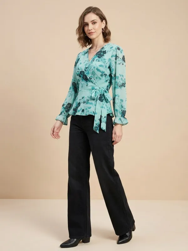 Floral_Printed_Sea_Green_Chiffon_V_Neck_Waist_Tie-ups_Wrap_Top