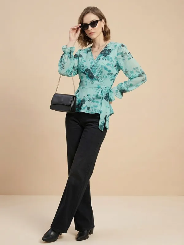 Floral_Printed_Sea_Green_Chiffon_V_Neck_Waist_Tie-ups_Wrap_Top