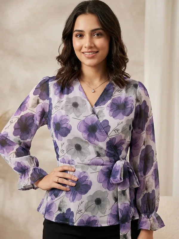 Floral_Printed_Lilac_Chiffon_V_Neck_Waist_Tie-ups_Wrap_Top