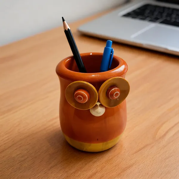 Brown_Wood_Owl_Face_Cylindrical_Pen_Holder