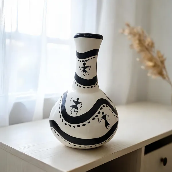 Wood_Warli_Art_Black_White_Decorative_Vase