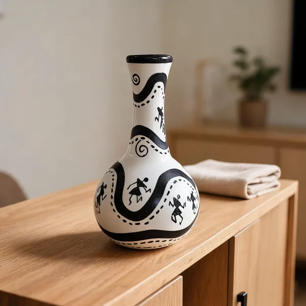 Wood_Warli_Art_Black_White_Decorative_Vase