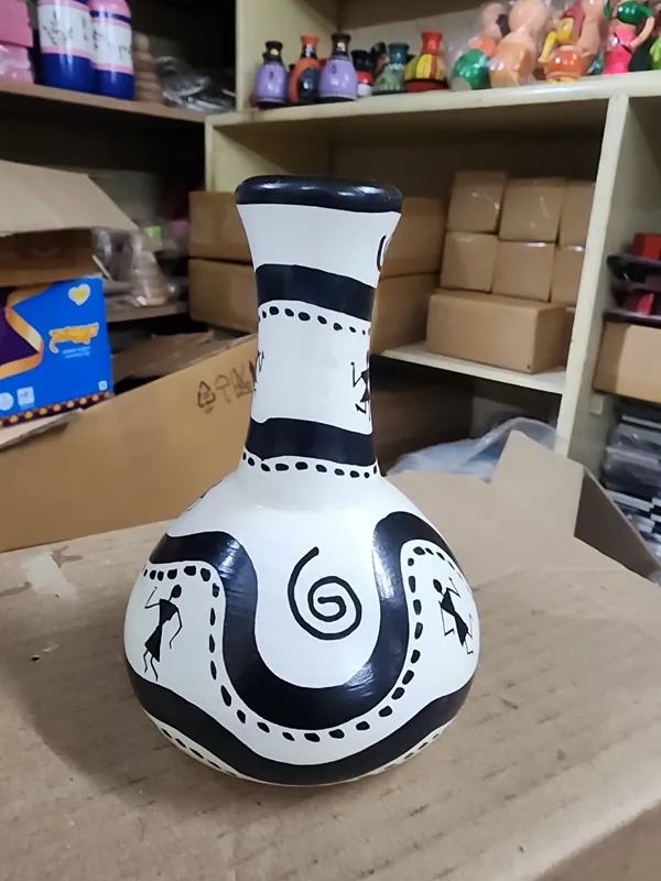 Wood_Warli_Art_Black_White_Decorative_Vase