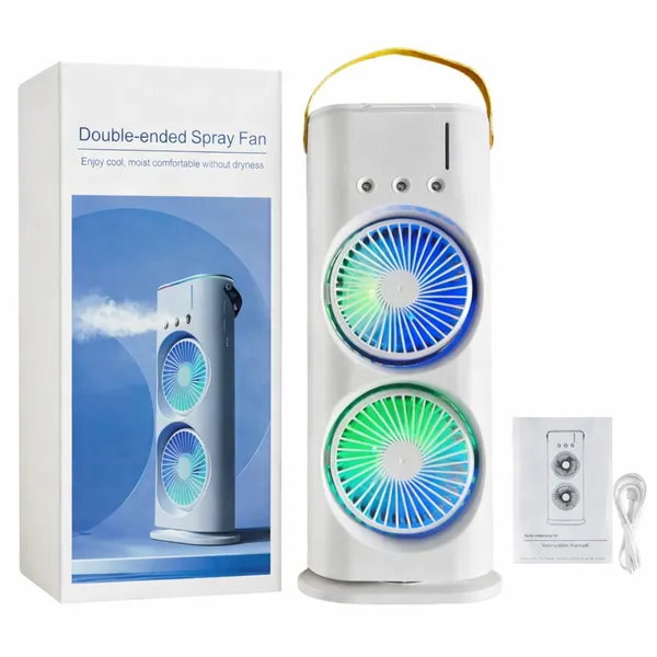 USB_Rechargeable_Portable_Tower_Fan_with_Dual_Fan_Cooling,_3_Speed_Adjustment,_with_Cold_Mist_Spray,_LED_Light_(White)