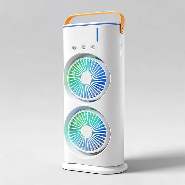 Usb_Rechargeable_Portable_Tower_Fan_With_Dual_Fan_Cooling_3_Speed_Adjustment_With_Cold_Mist_Spray_Led_Light_(White)