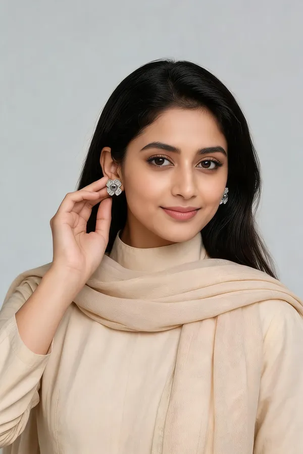 Silver_Tone_Floral_Grey_Pearl_Stud_Earrings_For_Women