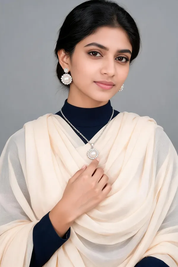 Silver_Tone_Pearl_Floral_Pendant_Necklace_And_Earrings_Set_For_Women