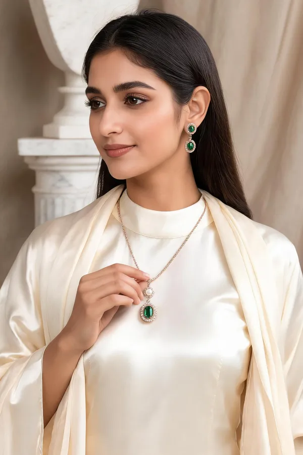 Rose_Gold_Tone_Green_Oval_Stone_Necklace_Jewellery_Set_For_Women