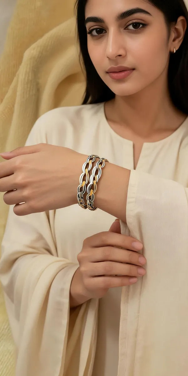 Gold_&_Silver_Tone_Two_Tone_Woven_Link_Bracelet_For_Women