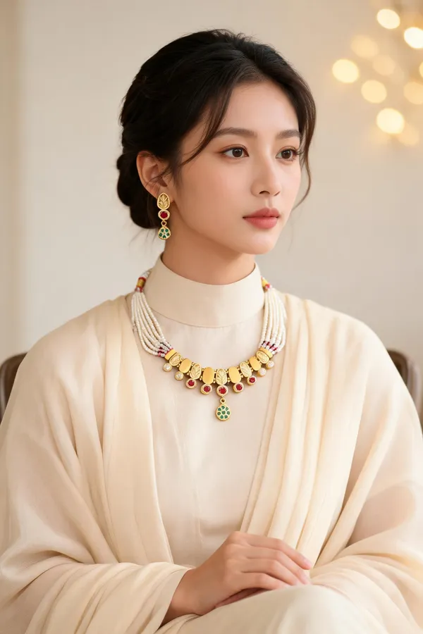 Gold_Tone_White_Beaded_Necklace_And_Earrings_Set_For_Women
