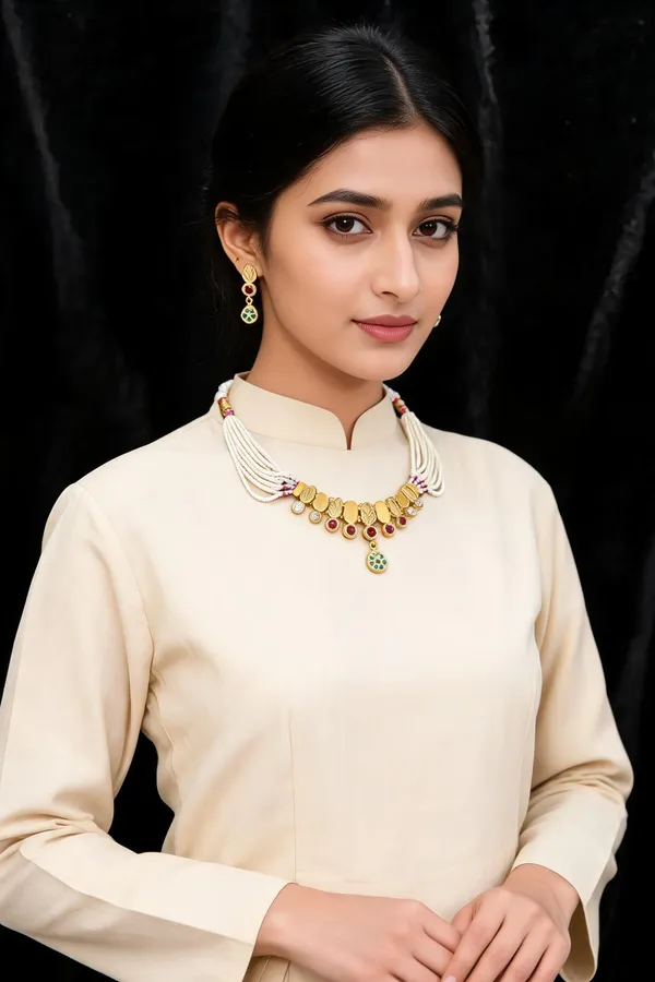 Gold_Tone_White_Beaded_Necklace_And_Earrings_Set_For_Women