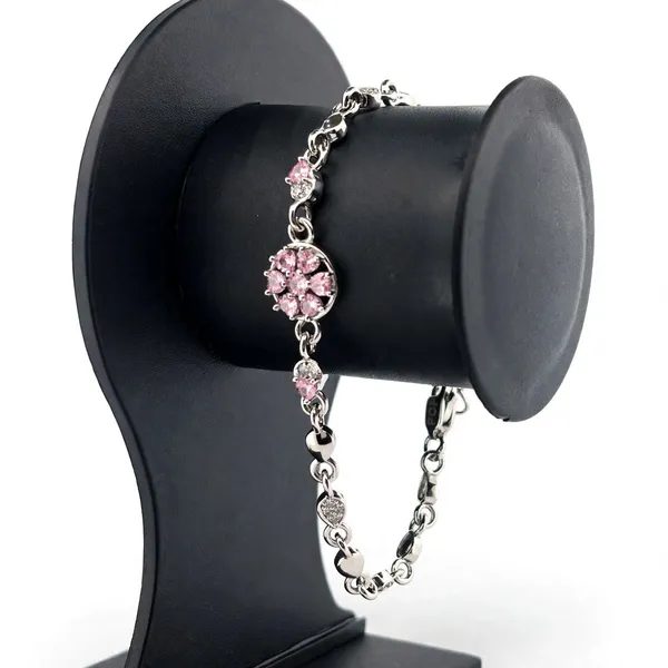 Silver_Tone_Pink_Stone_Floral_Cluster_Bracelet_For_Women
