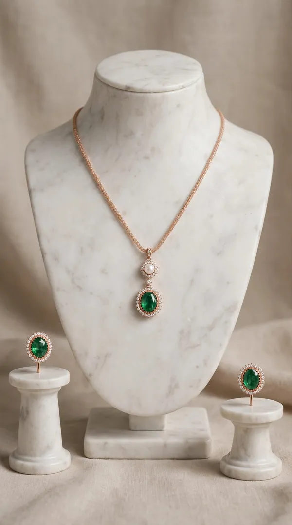 Rose_Gold_Tone_Green_Oval_Stone_Necklace_Jewellery_Set_For_Women