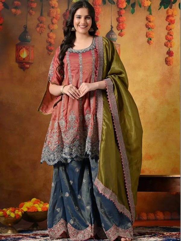 Women_Ethnic_Hand_Embroidered_Tiered_Thread_Work_Kurta_with_Sharara_&_With_Dupatta