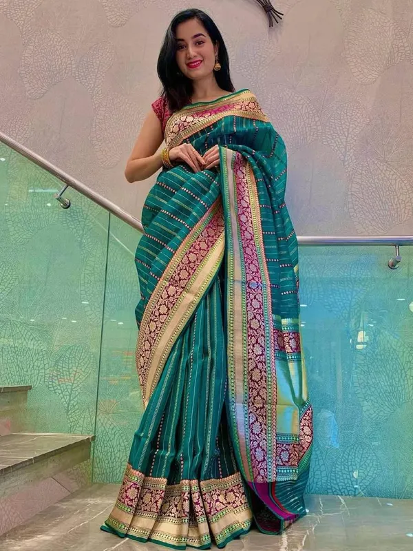Turquoise_Blue_Cotton_Blend_Banarasi_Saree