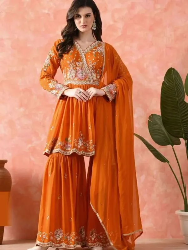 Women_Floral_Embroidered_Angrakha_Thread_Work_Pure_Silk_Kurta_with_Sharara_&_With_Dupatta