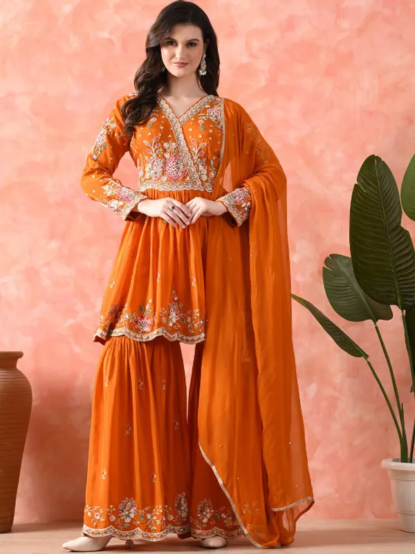 Women_Floral_Embroidered_Angrakha_Thread_Work_Pure_Silk_Kurta_with_Sharara_&_With_Dupatta