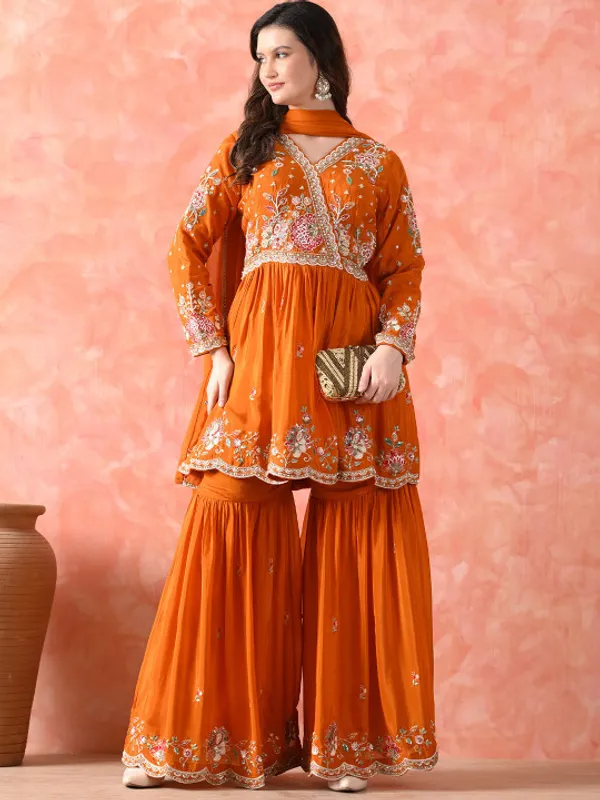 Women_Floral_Embroidered_Angrakha_Thread_Work_Pure_Silk_Kurta_with_Sharara_&_With_Dupatta