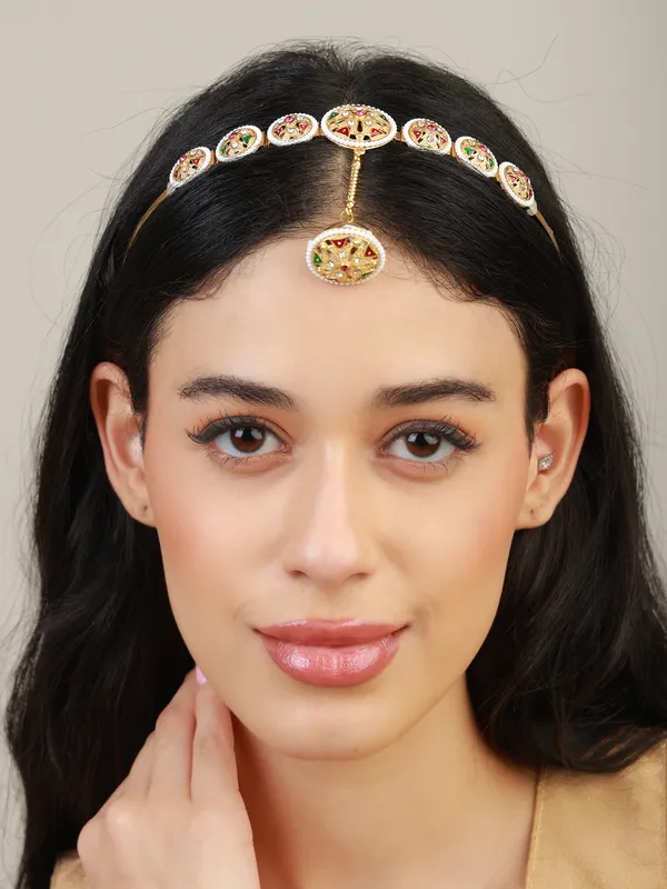 Multicolor_Gold_Meenakari_Pearl_Medallion_Hairband_Borla_Sheeshpatti_For_Women