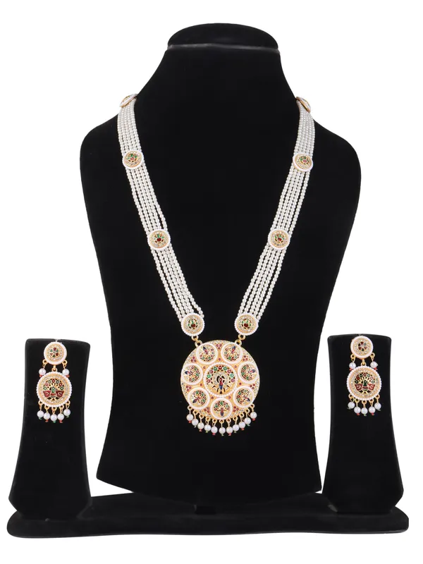 Multicolor_Pearl_Gold_Enamel_Peacock_Medallion_Rani_Haar_Set_For_Women