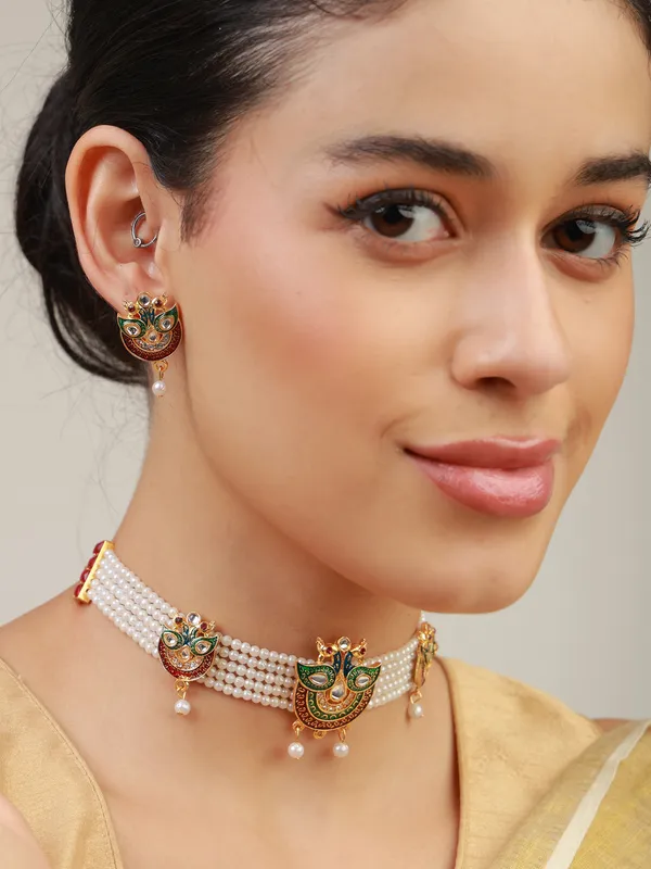 Multicolor_Pearl_Dual_Peacock_Meenakari_Kundan_Choker_Necklace_Set_For_Women