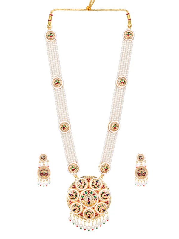 Multicolor_Pearl_Gold_Enamel_Peacock_Medallion_Rani_Haar_Set_For_Women