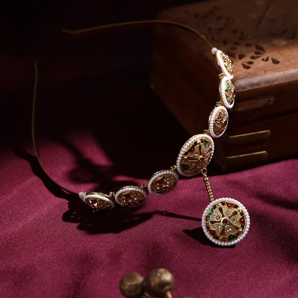 Multicolor_Gold_Meenakari_Pearl_Medallion_Hairband_Borla_Sheeshpatti_For_Women