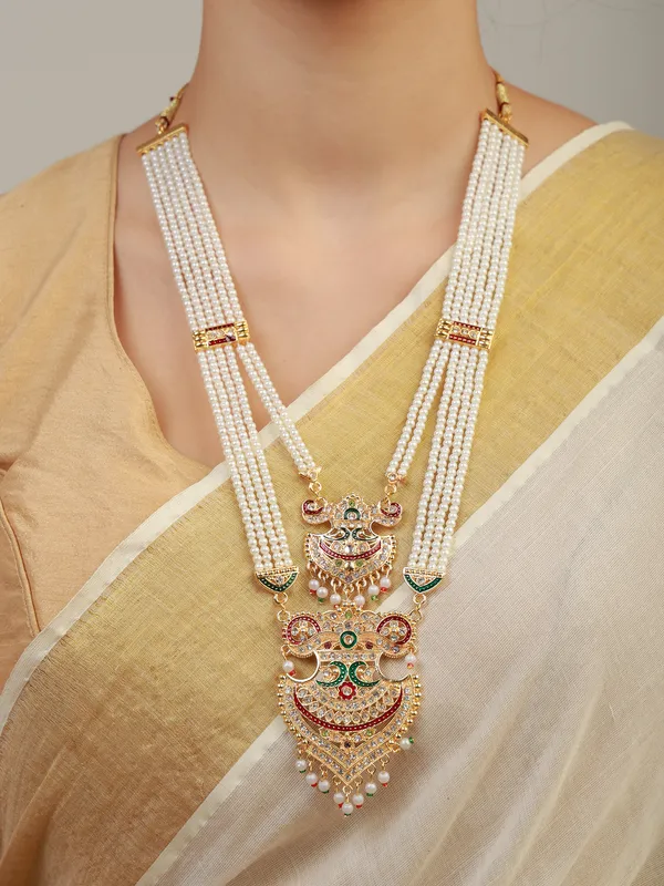 Multicolor_Pearl_Gold_Kundan_Double_Pendant_Tiered_Rani_Haar_Set_For_Women