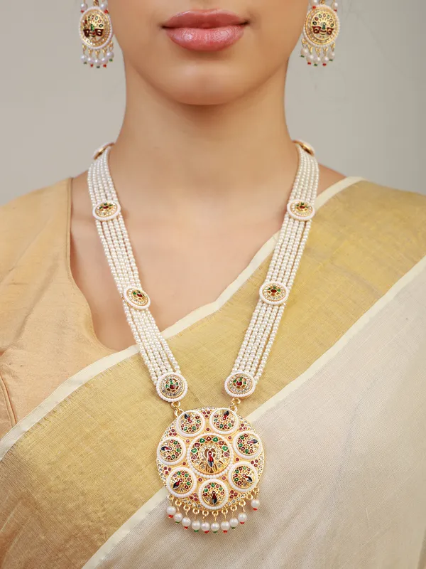 Multicolor_Pearl_Gold_Enamel_Peacock_Medallion_Rani_Haar_Set_For_Women