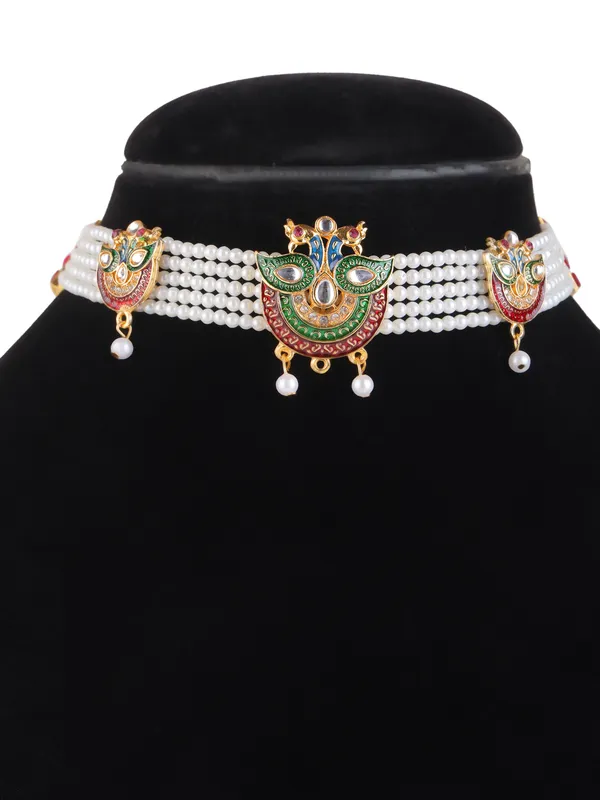 Multicolor_Pearl_Dual_Peacock_Meenakari_Kundan_Choker_Necklace_Set_For_Women