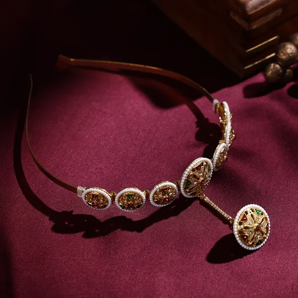 Multicolor_Gold_Meenakari_Pearl_Medallion_Hairband_Borla_Sheeshpatti_For_Women