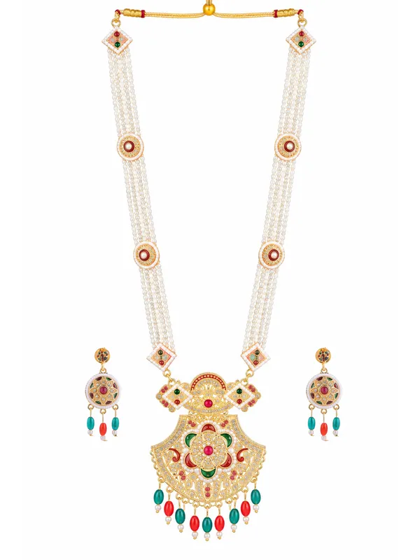 Multicolor_Pearl_Gold_Kundan_Geometric_Fan_Pendant_Rani_Haar_Set_For_Women