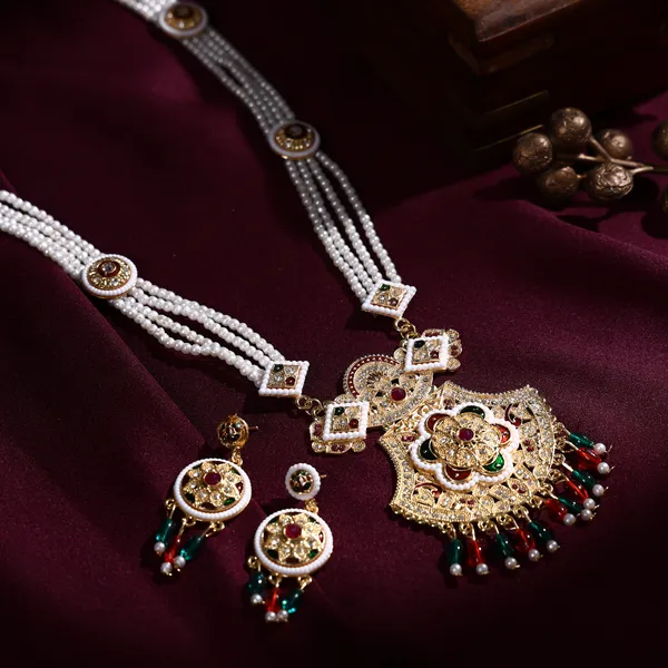 Multicolor_Pearl_Gold_Kundan_Geometric_Fan_Pendant_Rani_Haar_Set_For_Women